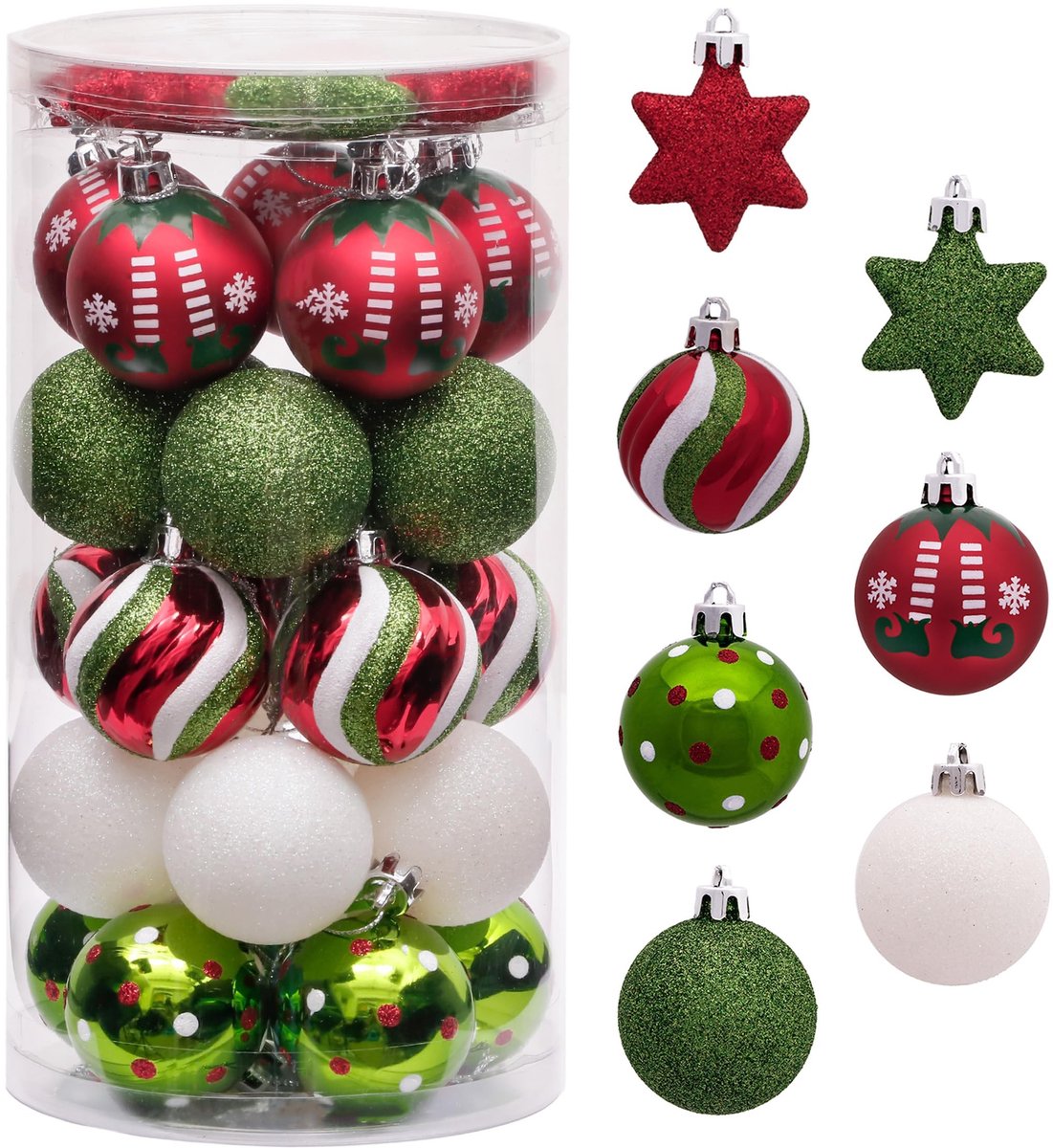 Cosensi - Kerstdecoratie - 35-delig - Shatterproof Plastic Ballen - Rood Groen Wit - Versiering voor de Kerstboom - Perfect voor Feestdagen