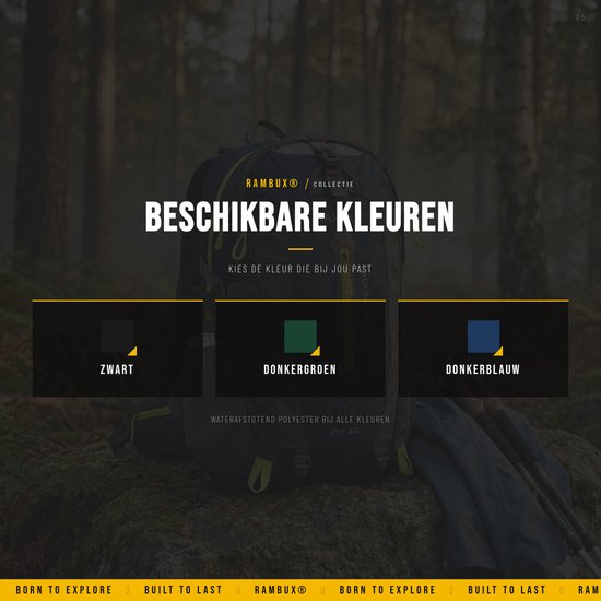 Drie Rambux rugzakken in het zwart, donkergroen en donkerblauw. Gemaakt van waterafstotend polyester.