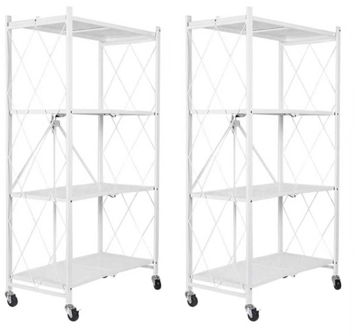 FOXSPORT Inklapbare plank kast - 2 stuks - Stellingkast Met 360° wielen - 4 laags 72x37x124CM - Open Vakkenkast - Wandkast - Keuken Organizer - Keuken Opslag - Boekenkast - Opbergrek Magnetron - Keukenrek - Roestvrij Staal - Wit - Set van 2