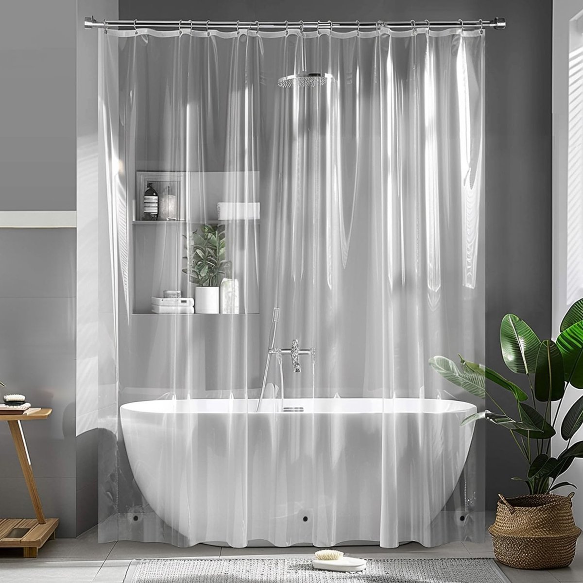 Douchegordijn 120x180 cm – Transparant, schimmelwerend PEVA-kunststof – Waterdicht & wasbaar – Magneten aan de onderzijde – Sneldrogend – Voor in bad (badkamer) – Inclusief 8 ringen