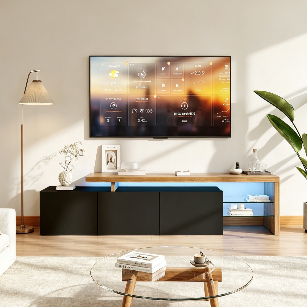 Moderne TV-meubel met LED, Glanzend televisiemeubel met glazen planken en 3 deuren, TV-kast 200 cm, voor Woonkamer, Slaapkamer, Zwart