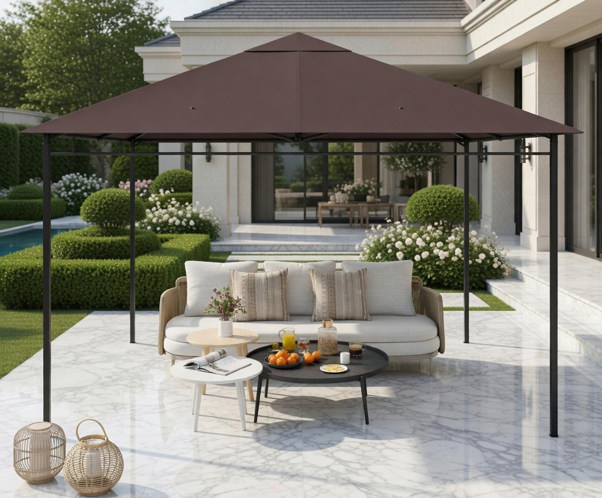 Luxe Paviljoen Dak 3x3m UV-Bescherming & Waterafstotend – Vervangingsdoek voor Tuinpaviljoen met Ventilatie & Klittenband Bevestiging – Koffiebruin – MedaHomeStore