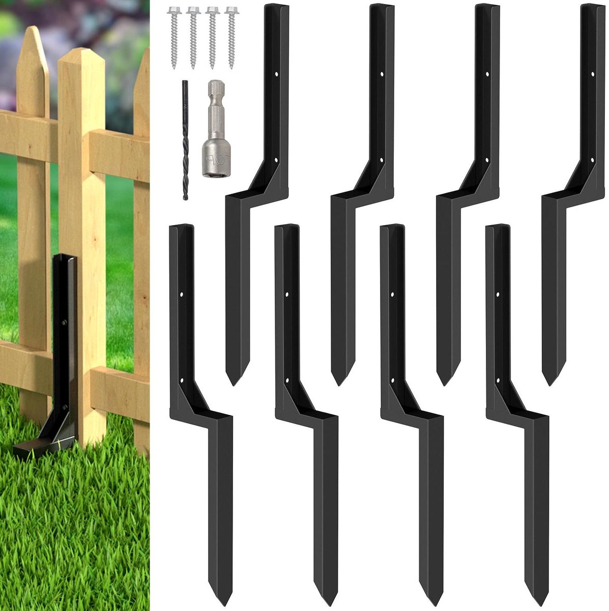 Hekpaal Reparatie Set - Paalanker Grondpen - Hekken Herstellen - H-vormig Stevig Ontwerp - 8 stuks - Zwart