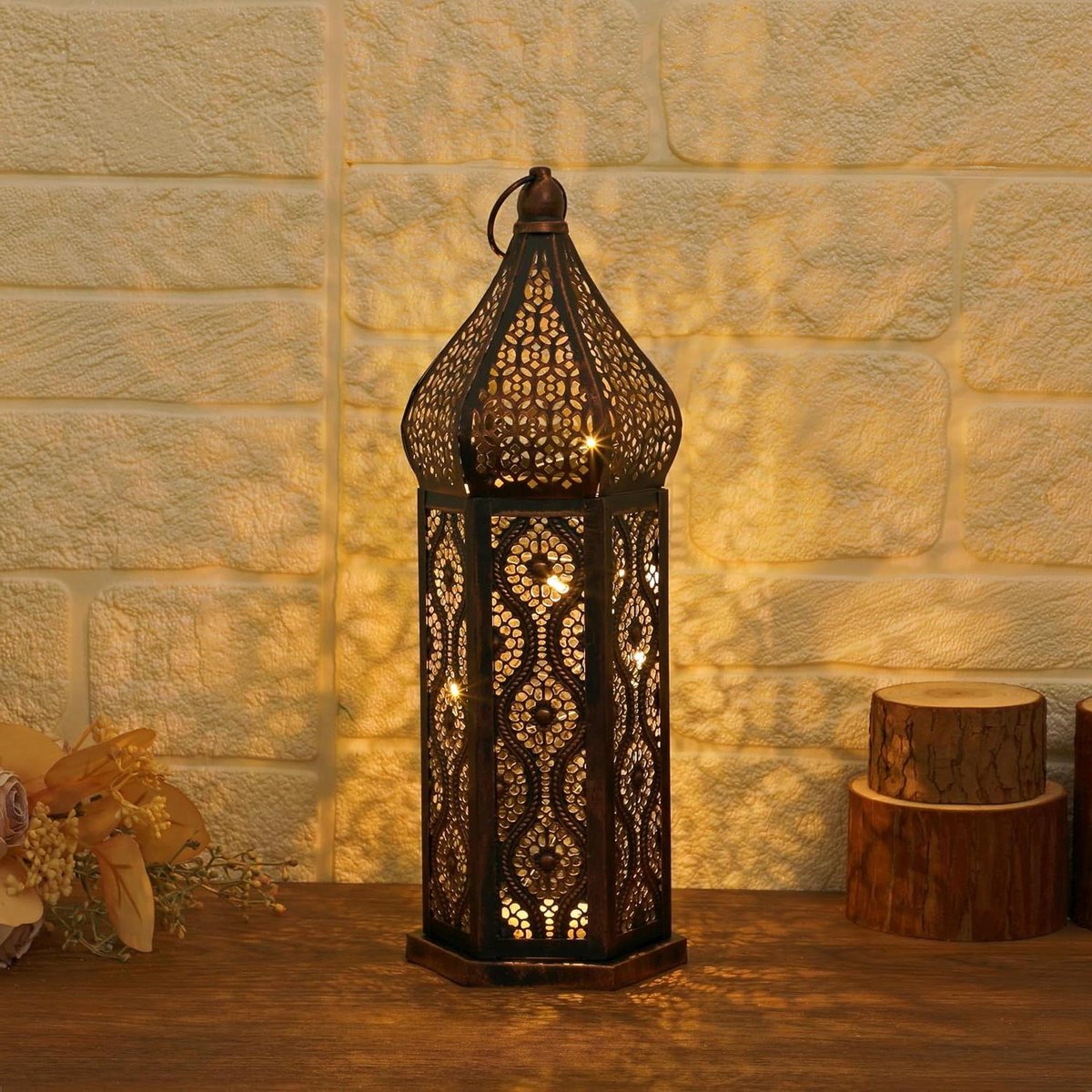 Marokkaanse Lantaarn - Ramadan Lamp - Woondecoratie Verlichting - Holle IJzeren Decoratie - 33.4 cm - Koper