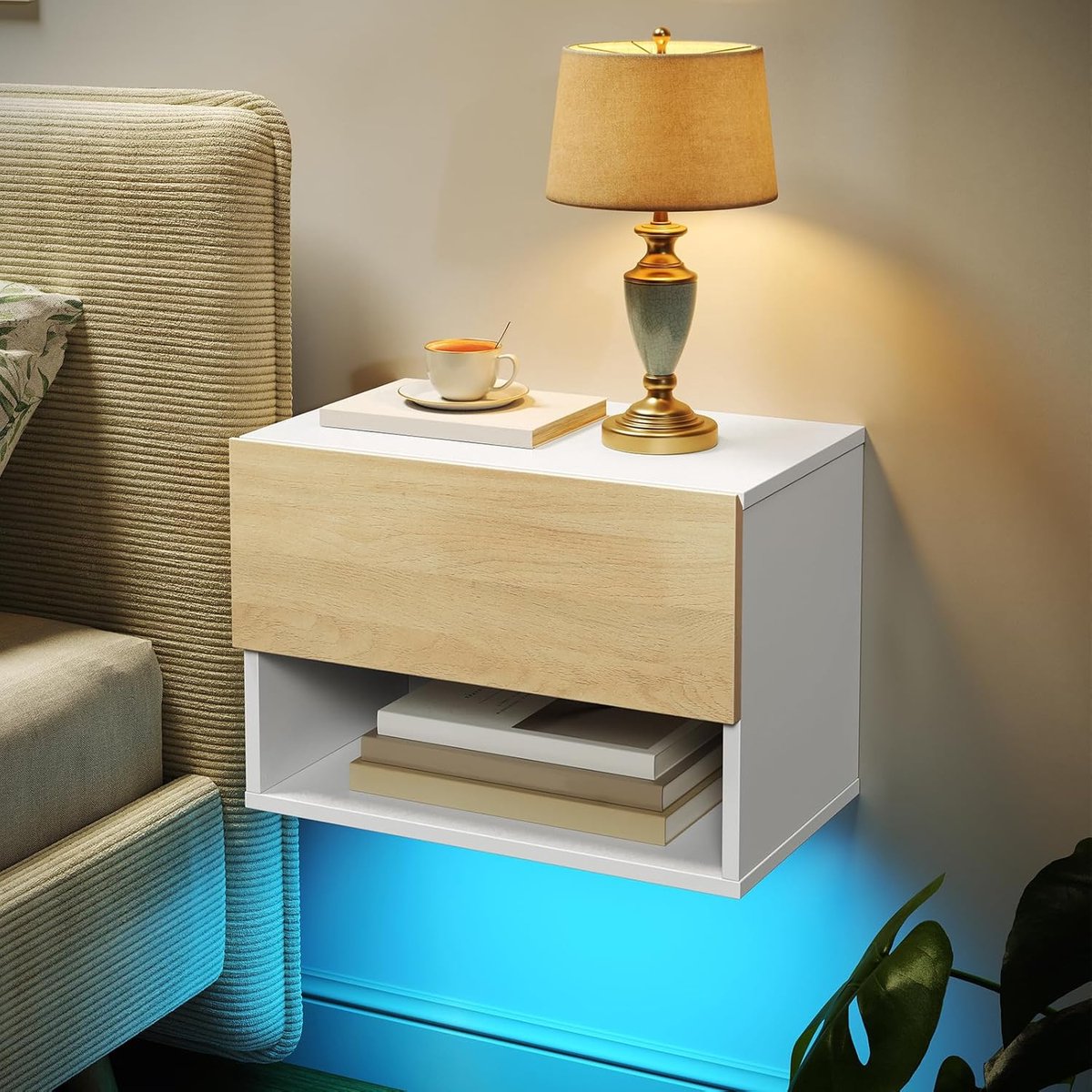 Zwevende Nachtkastjes Set van 2 met LED Verlichting – Wand Nachtkastje met Lade & Opbergvak – RGB Licht met Afstandsbediening – Modern Design voor Slaapkamer – Zwart
