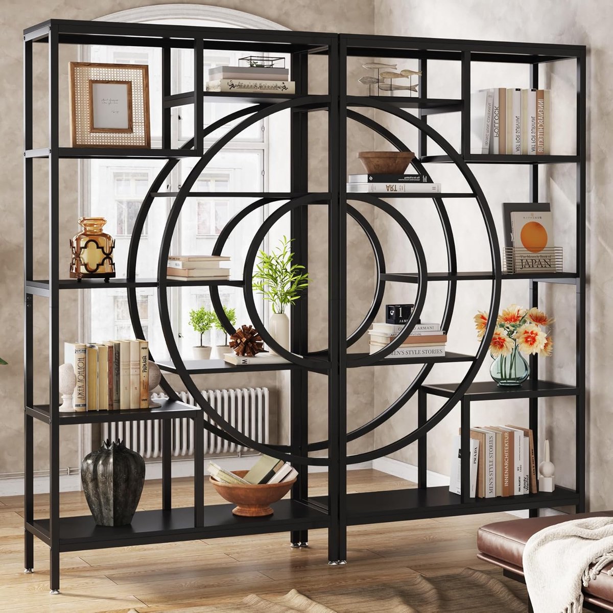 Geometrische Industriële Boekenkast 179 cm Hoog – 8-Laags Open Kast met Metalen Frame en Houten Planken, Vrijstaande Opbergkast 100 x 30 x 179 cm, Rustieke Design Boekenkast voor Woonkamer, Kantoor en Balkon (Zwart, Set van 2)