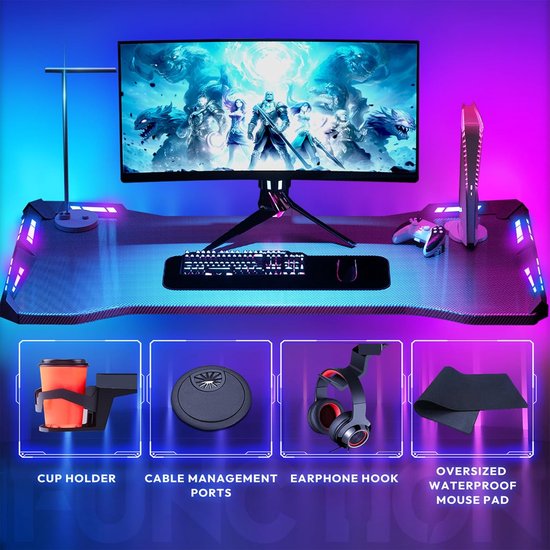 Gamingtafel - Computertafel Bureau - Gamen Werken - RGB LED Verlichting - 120x60x75cm - Zwart — afbeelding 5