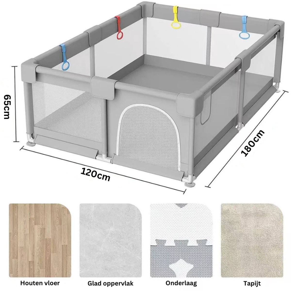 Livista Grondbox - Speelbox - Baby boxen - Kruipbox voor Baby - Playpen - Kinderbox - Met 4 trekring + 60 speelballen - 120 x 180 x 65cm - Grijs – foto 6
