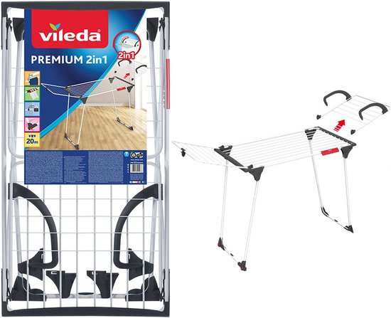 Double image : Sèche-linge Vileda Premium 2in1 emballé et déplié.