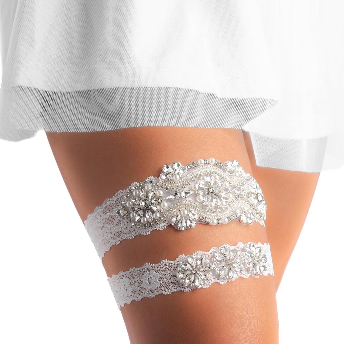 Bruids Garter Set - Huwelijk Kousband - Bruiloft Accessoire - Parels en Kristallen - One Size - Wit
