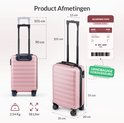 Afmetingen van de roze koffer: 101 cm hoog, 35 cm breed, 20 cm diep, 38 liter inhoud, 2.54 Kg.