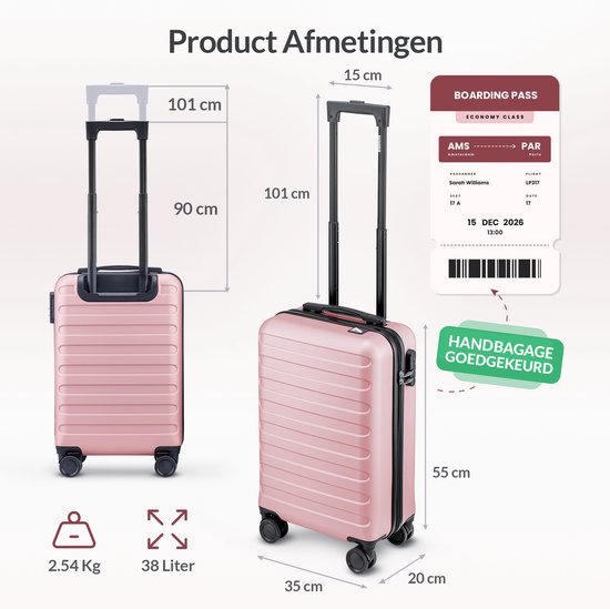 Afmetingen van de roze koffer: 101 cm hoog, 35 cm breed, 20 cm diep, 38 liter inhoud, 2.54 Kg.