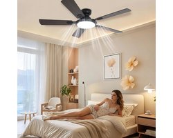 Ventilator - 52 inch plafondventilator - plafondventilator met 5 bladen en DC-motor - inclusief verlichting en afstandsbediening - 130 × 130 × 21 cm - zwart