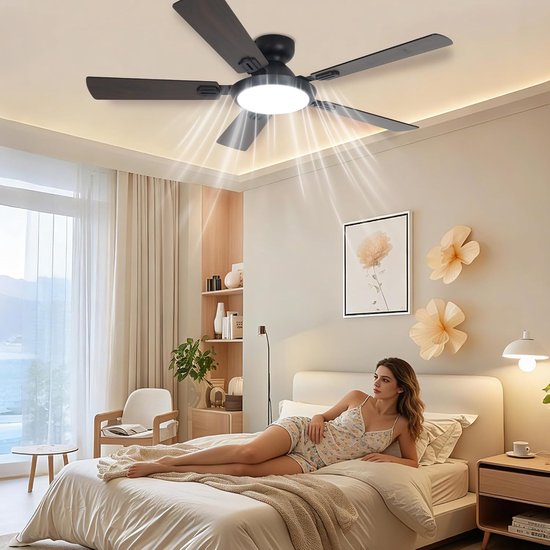 52 inch plafondventilator met 5 bladen, stille DC-motor, dimbare LED-verlichting en afstandsbediening zwart