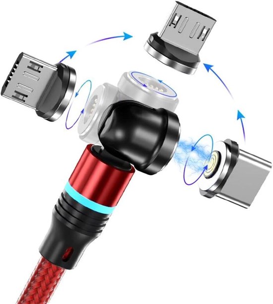 Magnetische Oplaadkabel - 3-in-1 USB Kabel - Snel Opladen - 360 + 180 Graden Rotatie - 1m of 2m - Rood