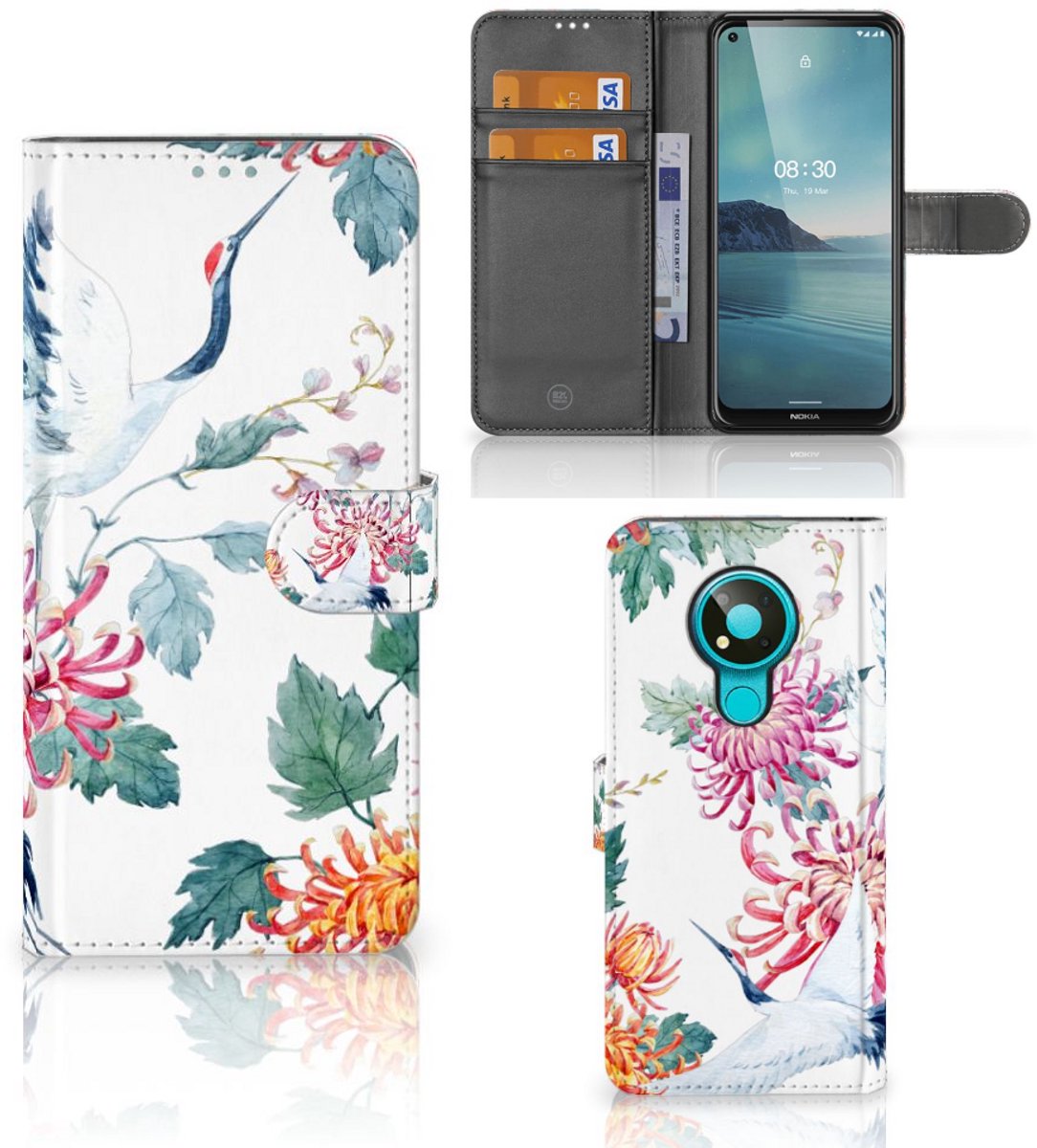 Nokia 3.4 Telefoonhoesje met Pasjes Bird Flowers