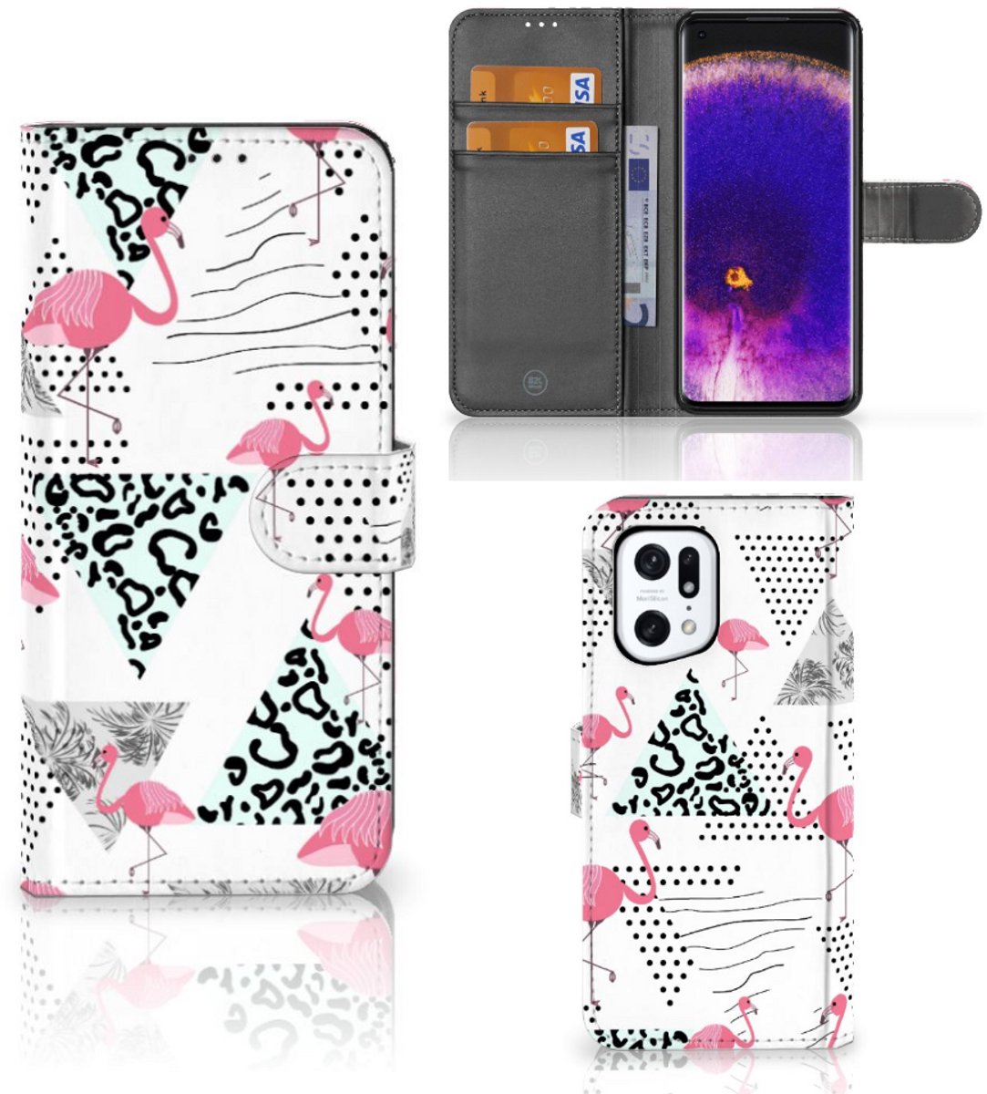 Book Case voor OPPO Find X5 Pro Telefoonhoesje met Pasjes Flamingo Triangle