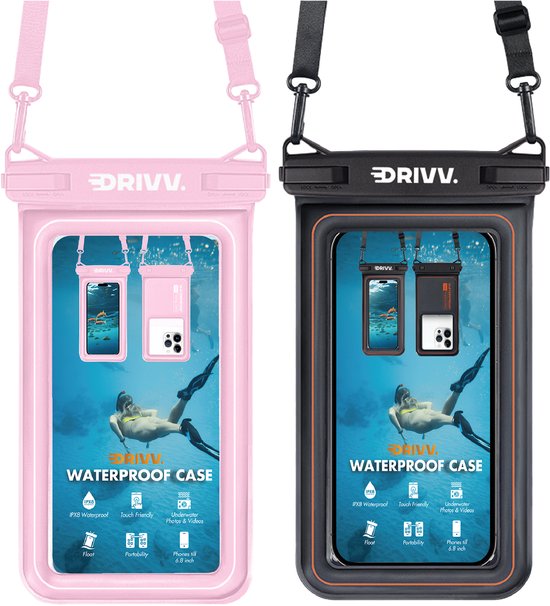 Zwart en roze drijvende waterdichte telefoonhoesjes met dubbele klipsluiting.