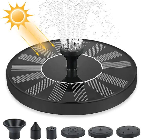 Zonne-energie fontein met verschillende sproeikoppen, aangedreven door een zon met zonnestralen op een witte achtergrond.