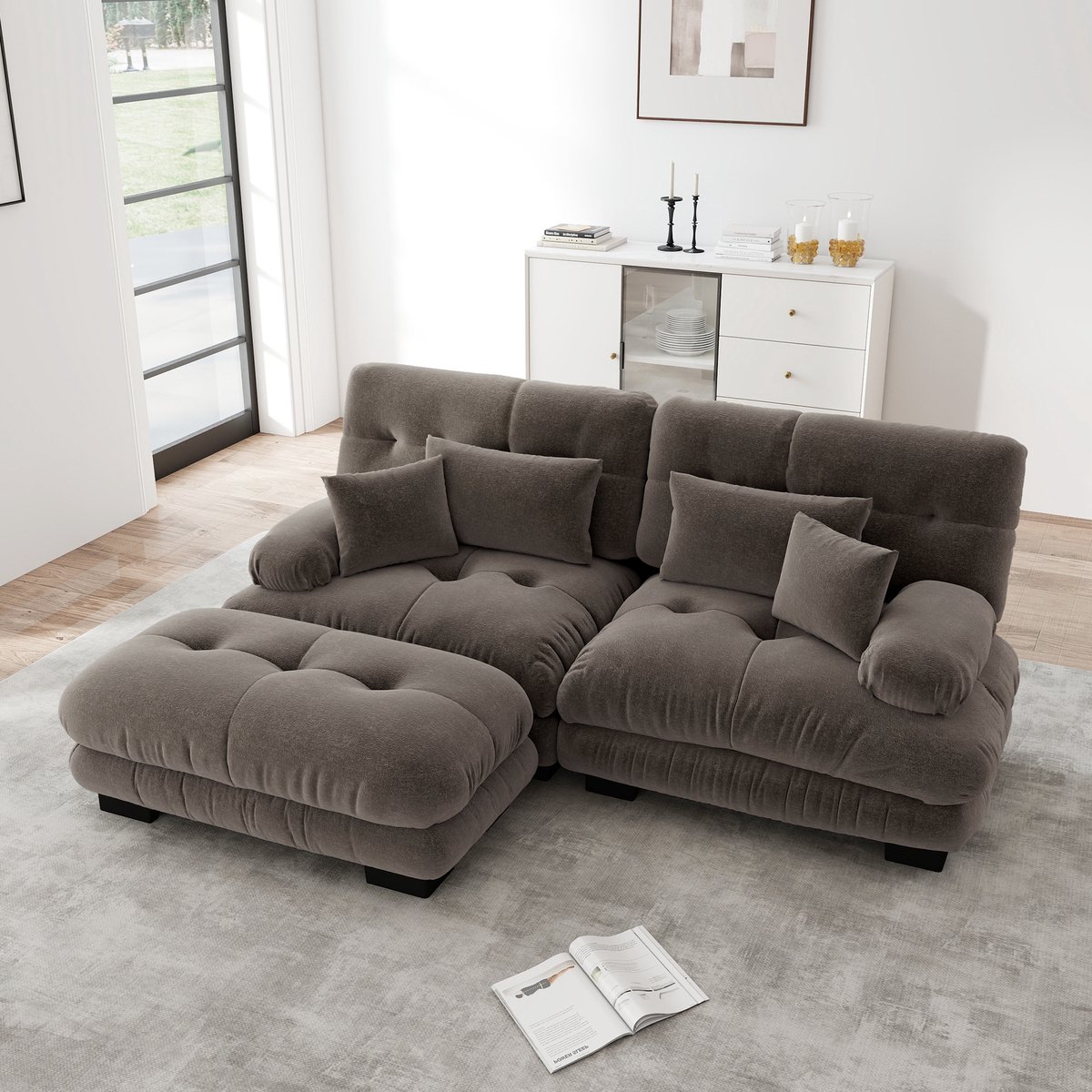 Sweiko 2-zitsbank - Chenille - Modulaire bank - 4 kussens - Met voetenbankje - Bruin