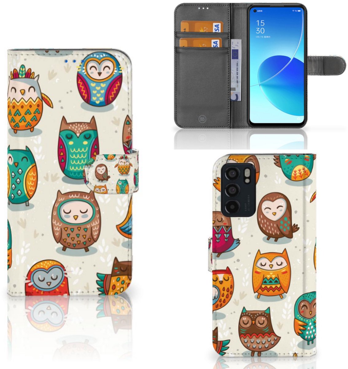 OPPO Reno6 5G Telefoonhoesje met Pasjes Vrolijke Uilen