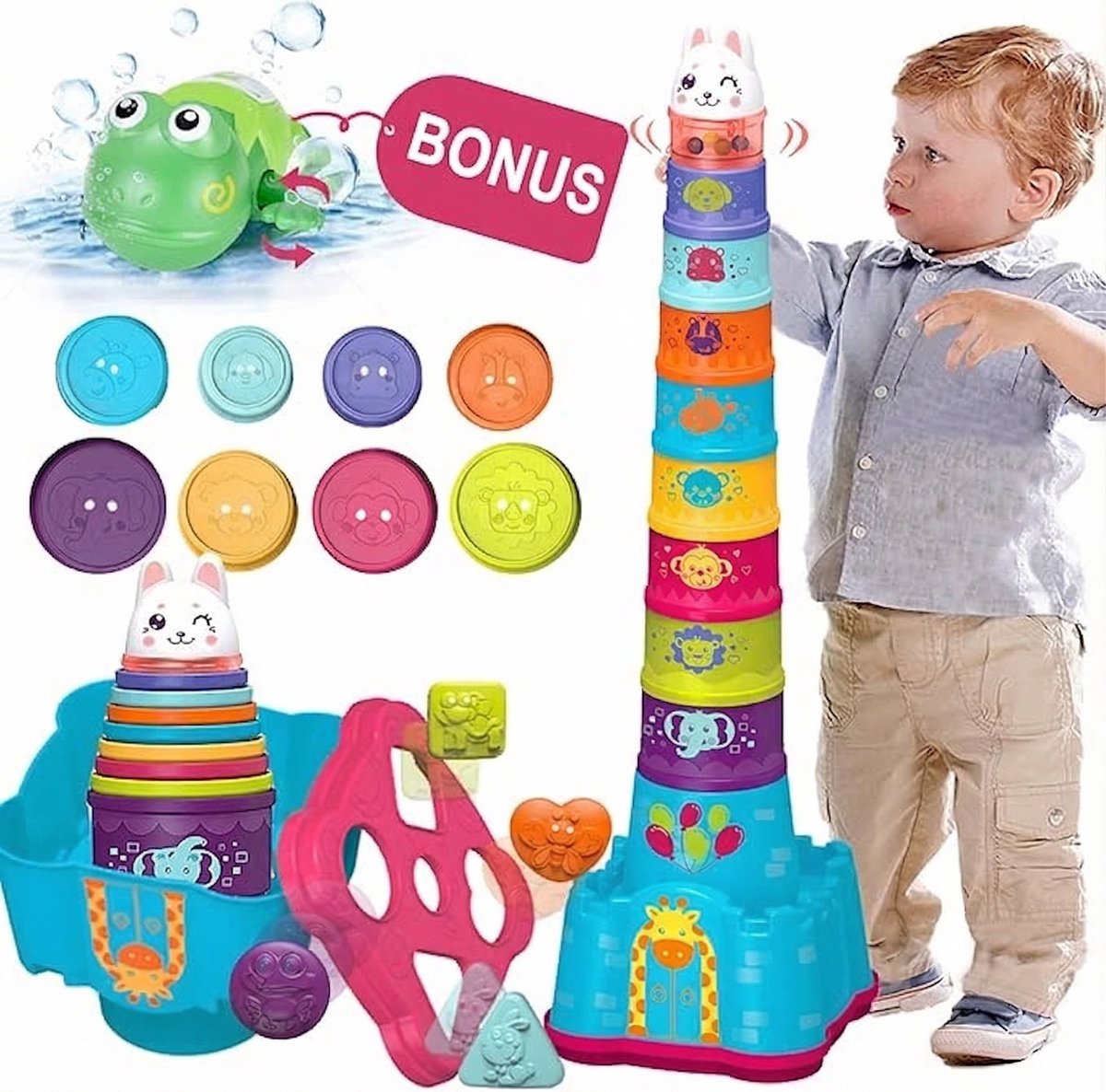 Sogiol® Stapeltoren - Montessori - Stapelspeelgoed - kinderspeelgoed - Kleurrijke Stapelblokken Dierenkasteel - Educatief Stapelspeelgoed voor Baby & Peuter - Plastic Stapeltoren Kinderen 1 tot 4 Jaar - Cadeau Jongen & Meisje