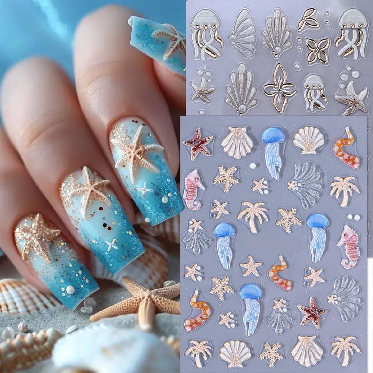 Set van 2 Zomer Nagelstickers, 5D Strand Nagelstickers met Jellyfish, Sterrenvis en Palmboom Ontwerpen voor Creatieve Nagelkunst en Zelfklevende Decoratie
