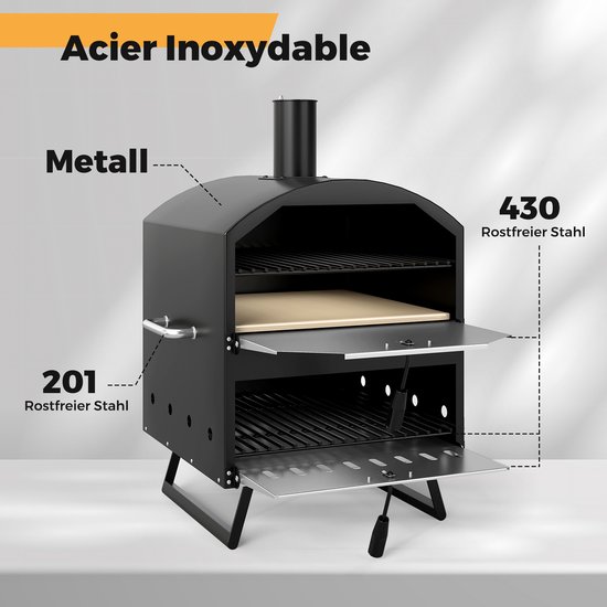 COSTWAY Outdoor pizzaoven, 2-laags pizzaoven met grillrooster, pizzaschep, vierkante steen, waterdichte afdekking, draagbare brander, houtkachel voor picknick, BBQ-party, camping — afbeelding 4