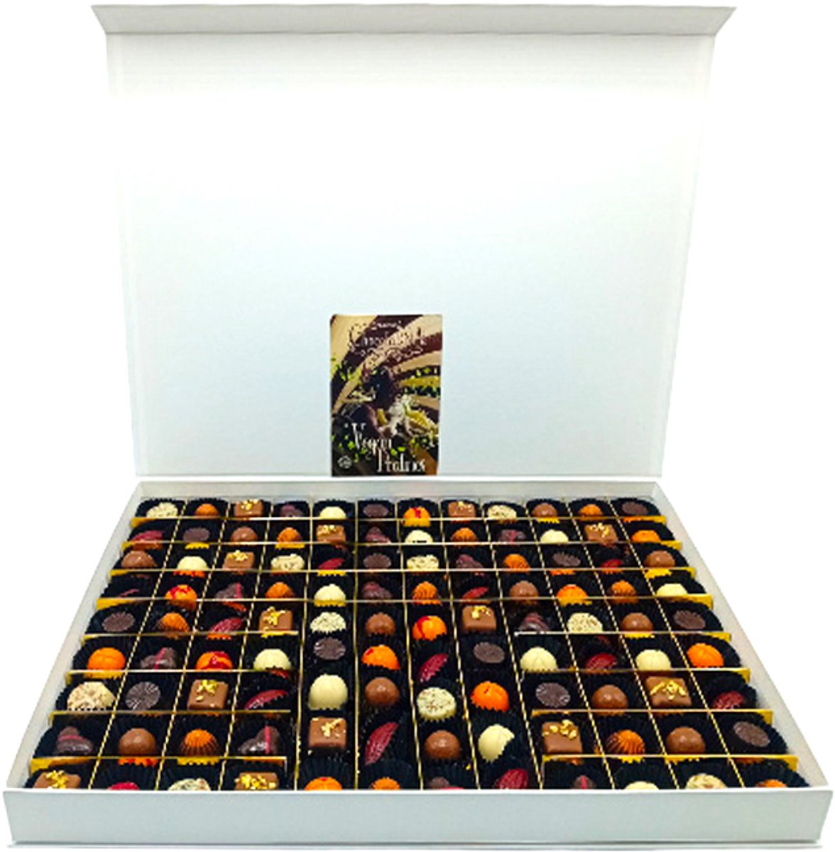 VEGAN pralines-ChocolaDNA-mega groot(108)-Vegan-glutenvrij-Chocoladetuffels_Bonbons_Ambachtelijke chocolade_Luxe bonbons_Chocolade cadeau_Geschenkdoos chocolade_Vegan chocolade_Pralines_Verjaardag_Moederdag_Vaderdag_Valentijn Bedankt_Vegatarisch