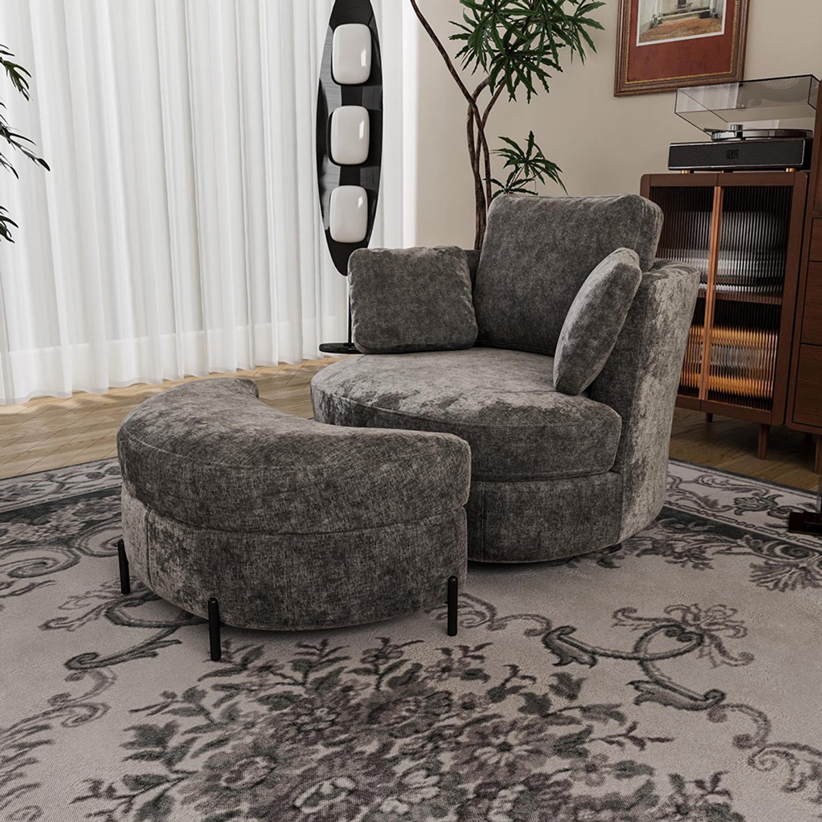 BLACKCOLORS Moderne oversized fauteuil met opbergpoef in de vorm van een maan, van grijze chenille, 3 afzonderlijk te gebruiken kussens, zeer veerkrachtige zitvulling – comfortabele leesfauteuil voor de woonkamer, de slaapkamer en het kantoor