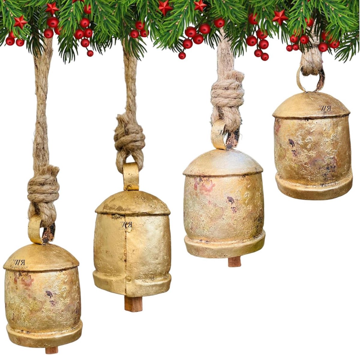 Hangende Bellen Set - Decoratie Bellen - Rustieke Decoratie - Handgemaakt Tin Metaal - 4 stuks - Goud