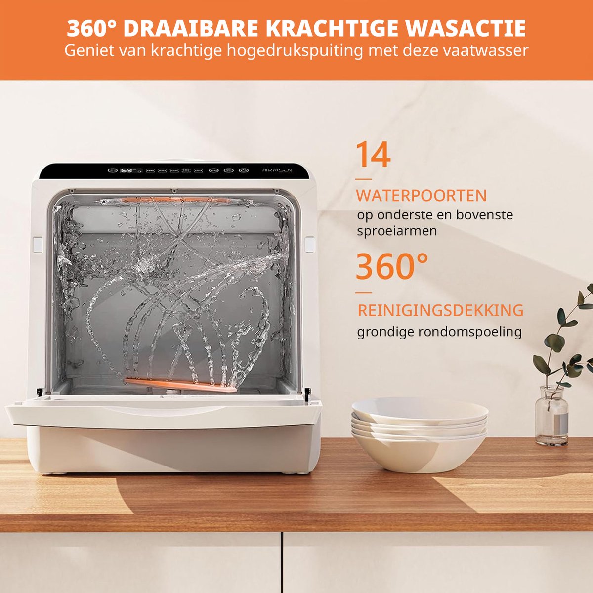 AIRMSEN Mini Vaatwasser - Vrijstaand - Watertank 5L - 5+1 Programma's - 4 Couverts - 42.5 cm - Zwart/Wit — afbeelding 3