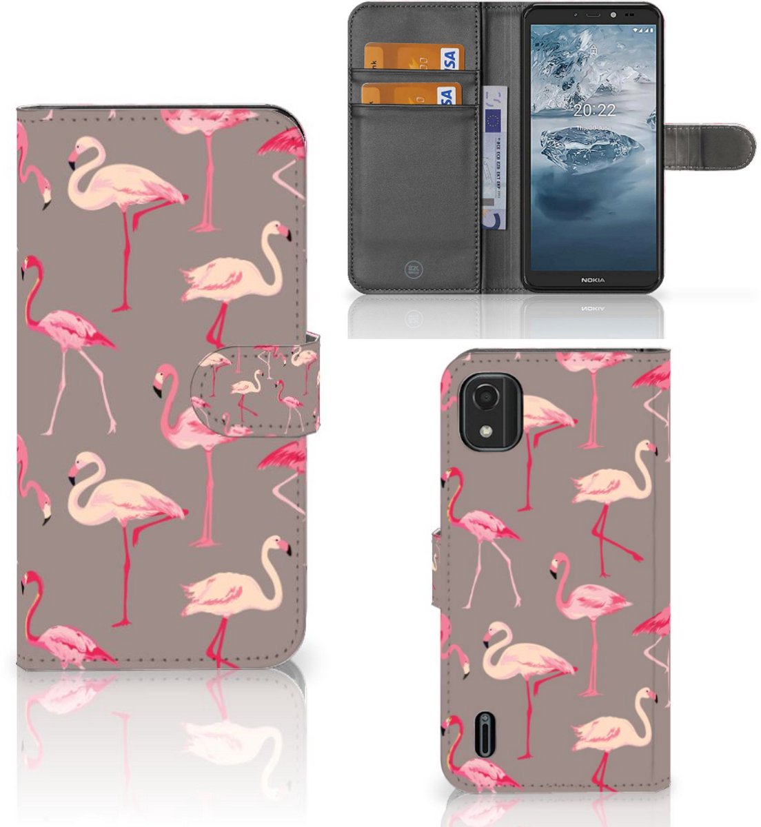 Nokia C2 2nd Edition Telefoonhoesje met Pasjes Flamingo