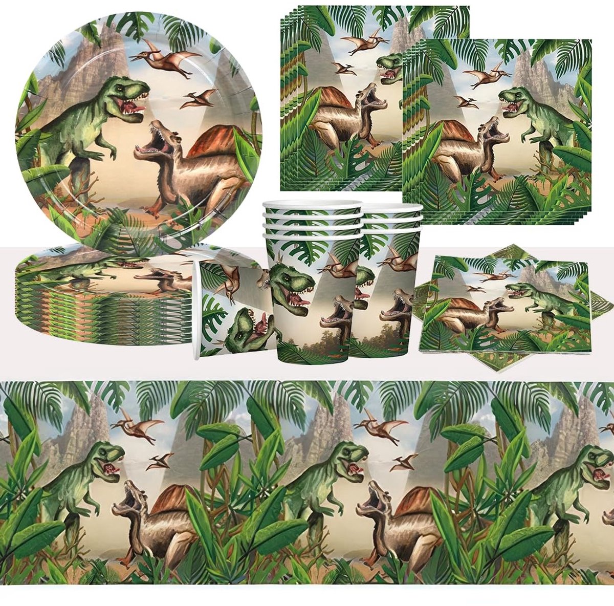 Cosensi - Dinosaur Party Tableware - Feestartikelen voor kinderen - 51-delige set - Papieren borden en bekers - Perfect voor verjaardagen - Geschik...