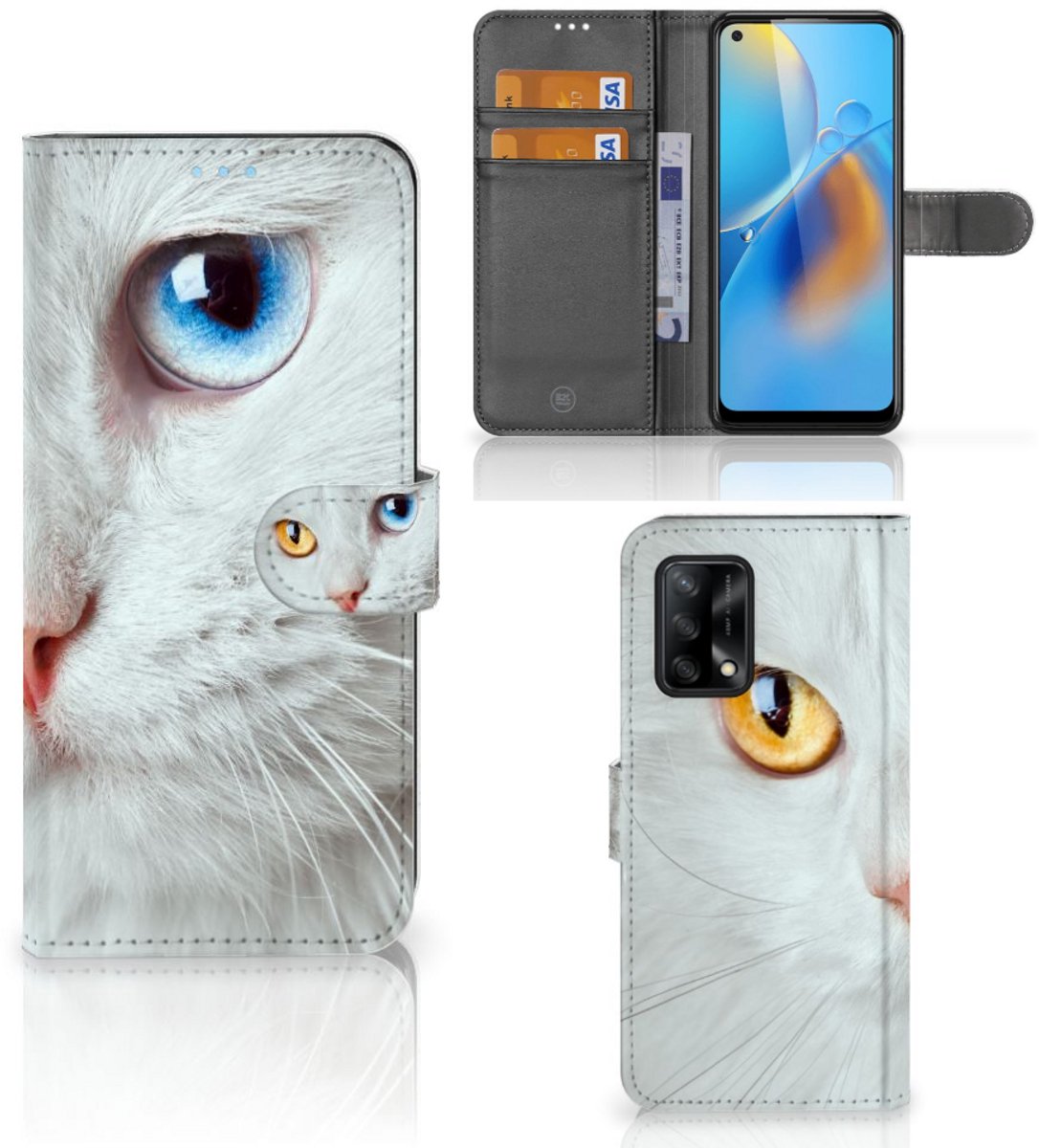 Boekhoesje voor OPPO A74 4G Telefoonhoesje met Pasjes Witte Kat