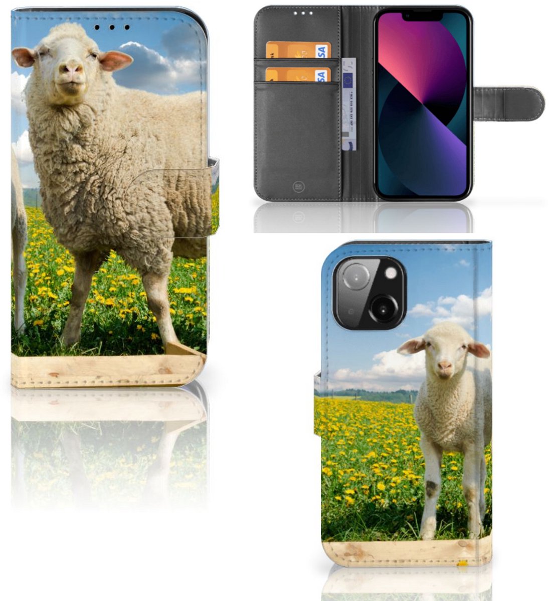 iPhone 13 Mini Telefoonhoesje met Pasjes Schaap en Lammetje