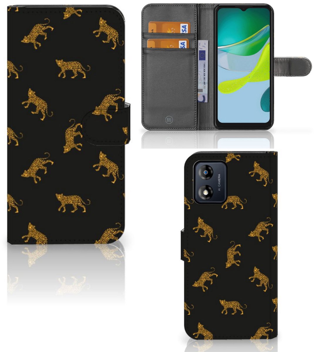 Telefoonhoesje met Pasjes voor Motorola Moto E13 4G Leopards