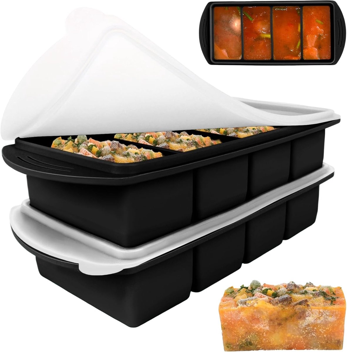 IJsblokjesvorm - Diepvriesbakjes - Siliconen invriesvorm - Set van 2 - Voor soep en saus - Met deksel - 4 Vakken - 1000ml - Herbruikbaar - Voor maaltijdvoorbereiding - Meal prep - Zwart