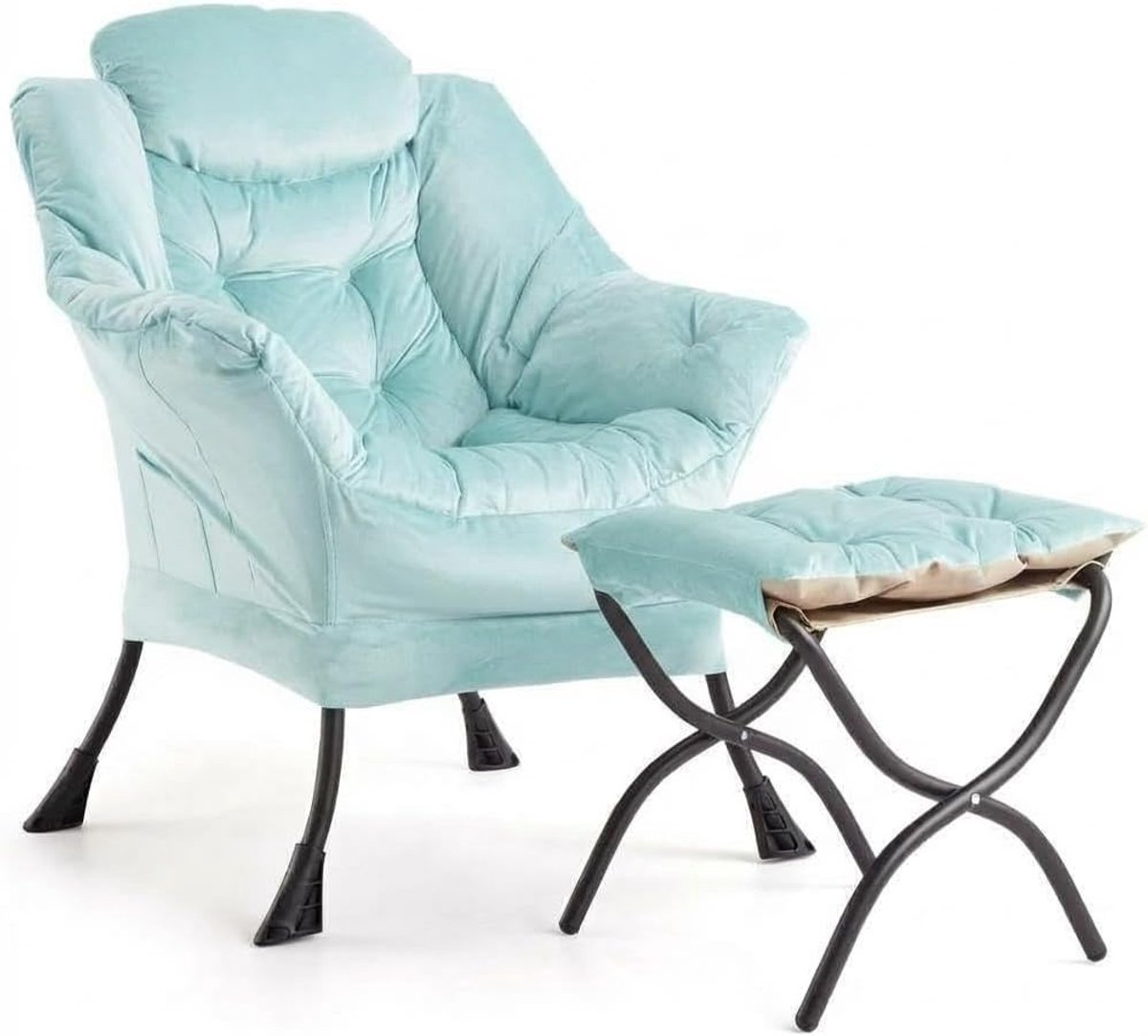 Ruime Relaxstoel met Opvouwbaar Voetenbankje - Lounge Fauteuil met Zijvak - Comfortabele Leesstoel - Draagkracht 180 kg - Lichtblauw
