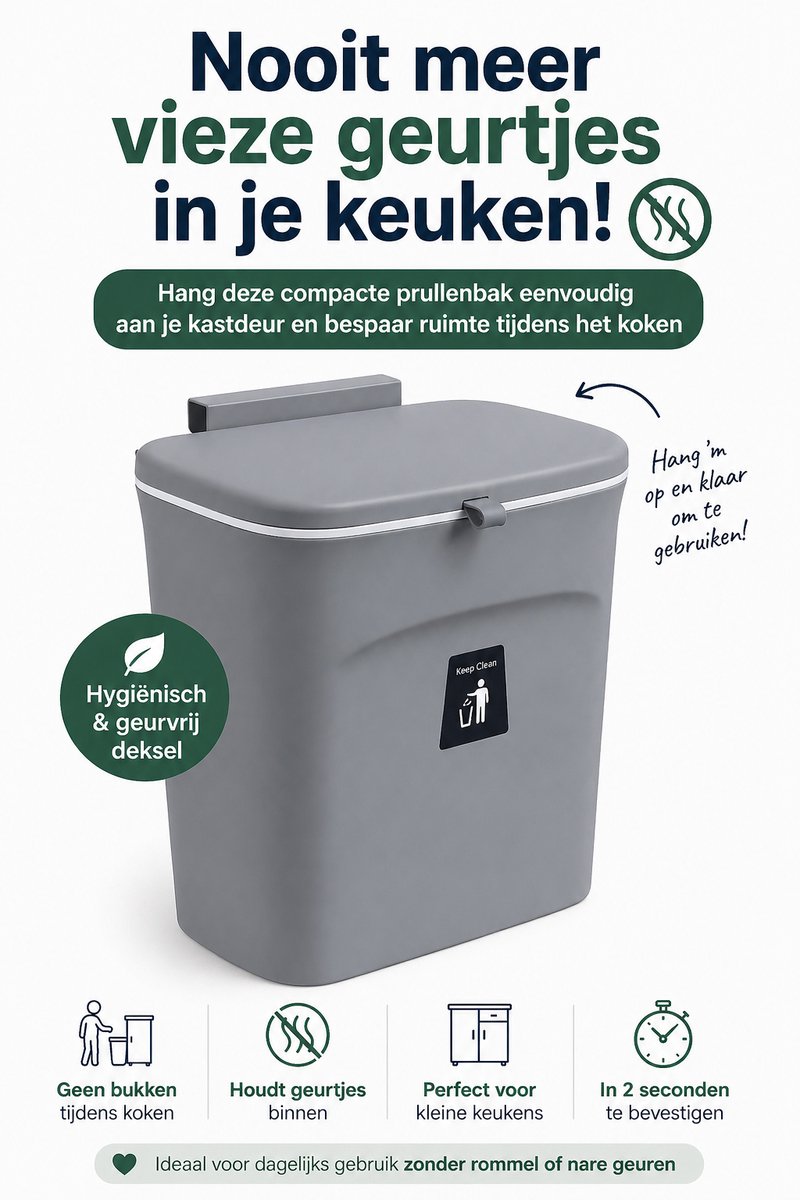 Prullenbak 9L – Compact – Ideaal voor Badkamer, Toilet en (Bij)keuken – Grijs