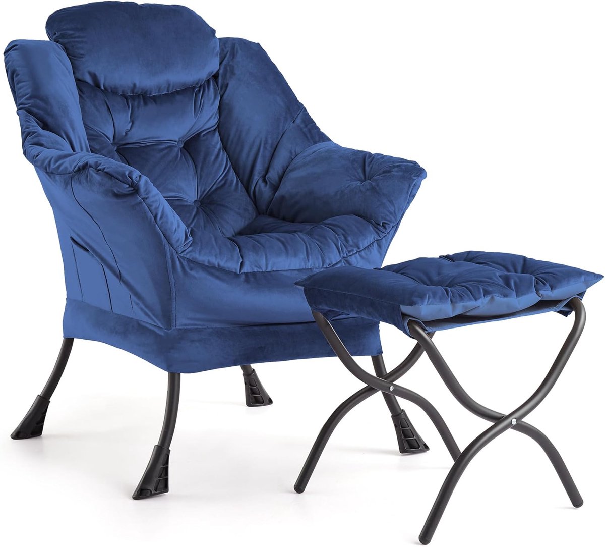 Ruime Relaxstoel met Opvouwbaar Voetenbankje - Lounge Fauteuil met Zijvak - Comfortabele Leesstoel - Draagkracht 180 kg - Blauw
