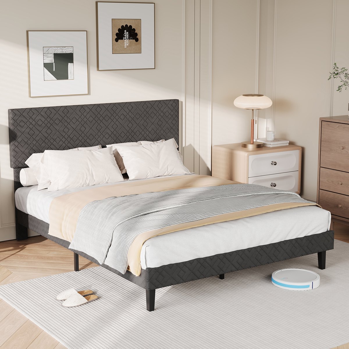 Solvenrik Bed 140x200 Grijs Linnen – Verstelbaar Hoofdbord