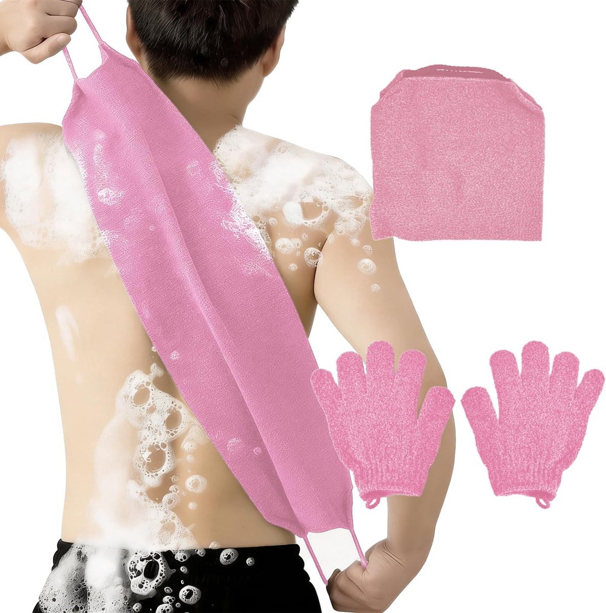Set van 3 Exfoliatie Handschoenen voor het Lichaam, Rug Exfoliator met 2 Douchehandschoenen, Huidverzachter voor een Zachte en Gezonde Huid (Roze)