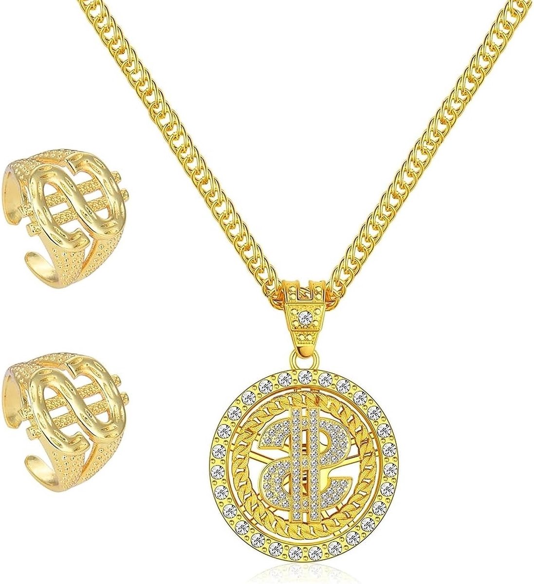 Hiphop Kostuum Set voor Mannen met Gouden Ketting en Dollar Ring voor Carnaval en Cosplay, 80s 90s Stijl, Feestaccessoires