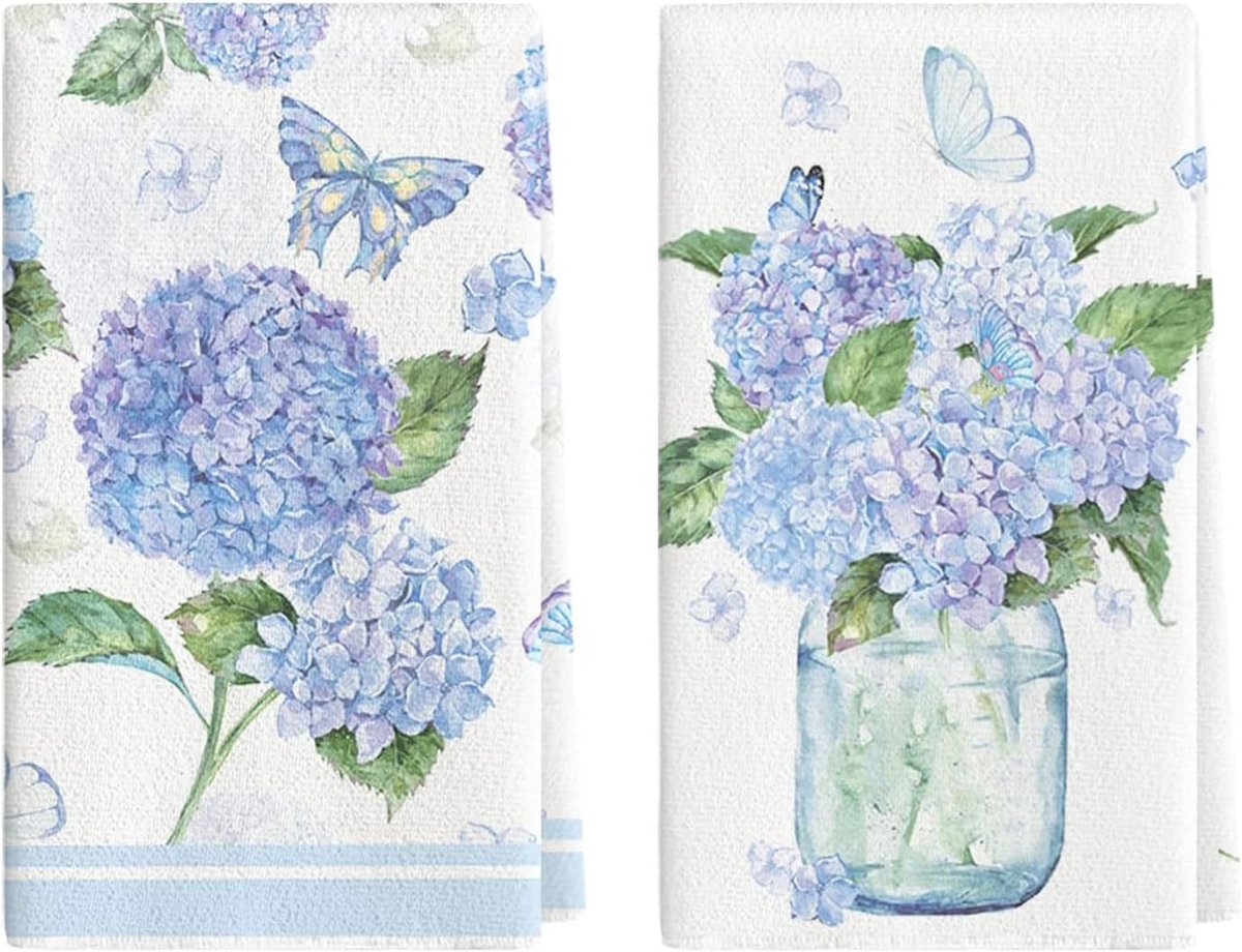 Set van 2 Hydrangea Keukenhanddoeken met Vlinders en Zomerbloemen - Decoratieve Afwasdoeken 40 x 60 cm voor Feestdagen en Keukengebruik