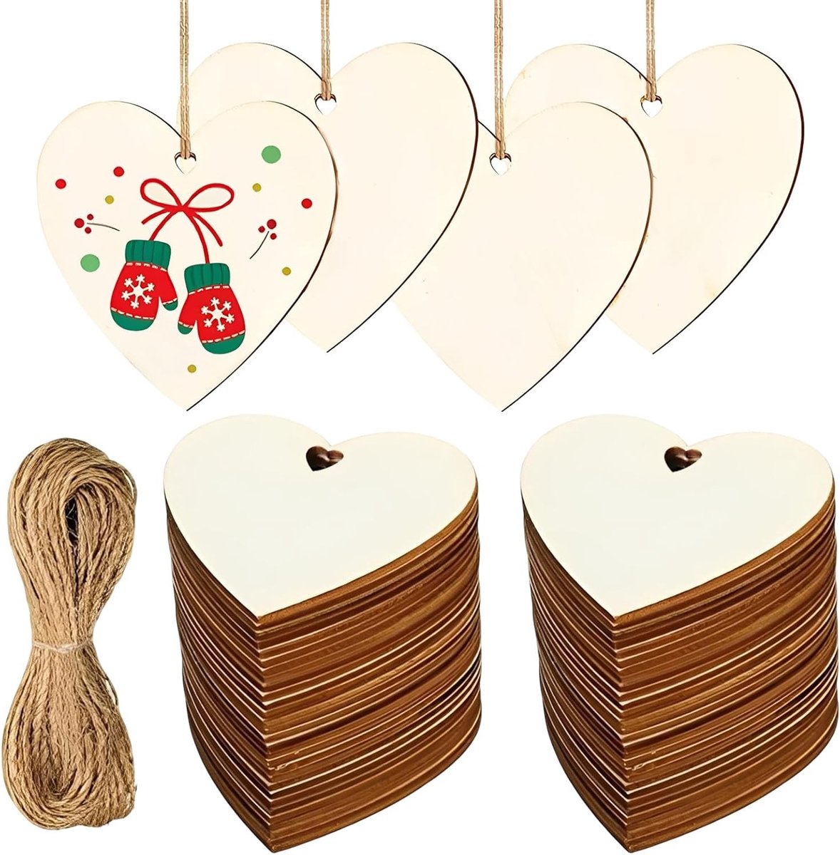 Set van 100 Houten Harten, Decoratie, Houten Harten met Jute Koord, 8 x 8 cm, Houten Harten voor Schrijven, Versiering voor Bruiloft, Feest, Kerst en Cadeaupendels