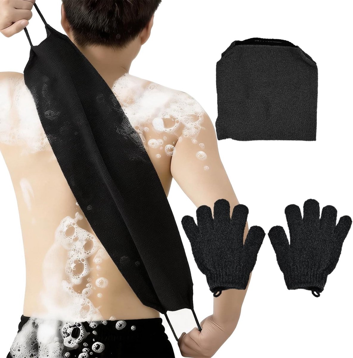 Set van 3 Exfoliatie Handschoenen voor het Lichaam, Rug Exfoliator met 2 Douchehandschoenen, Huidverzachter voor Bad en Douche, Ideaal voor Gladde Huid en Verfrissing