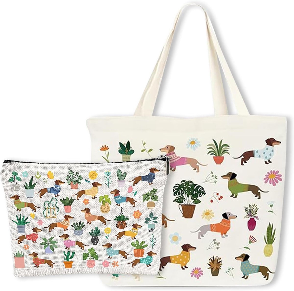 Duurzame Canvas Tote Bag en Make-up Tas, Herbruikbare Winkeltas, Perfecte Cadeaus voor Teckel Liefhebbers, Ideaal voor Reizen en Dagelijks Gebruik