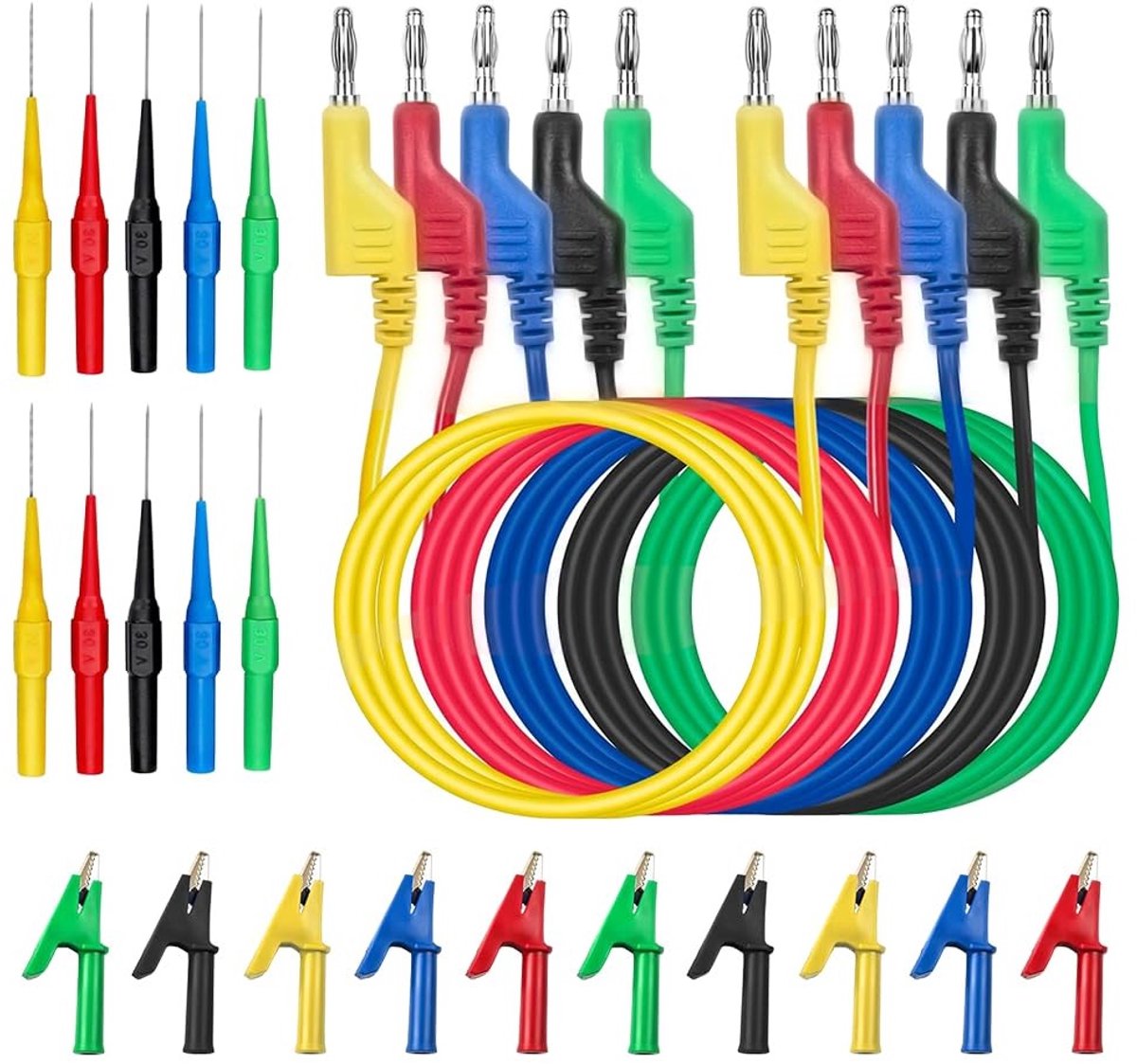 Set van 5 stuks 4mm Banana Testkabels en 10 stuks Krokodillenclips voor Multimeter - 1m Lange Testdraden in 5 Kleuren voor Nauwkeurige Metingen