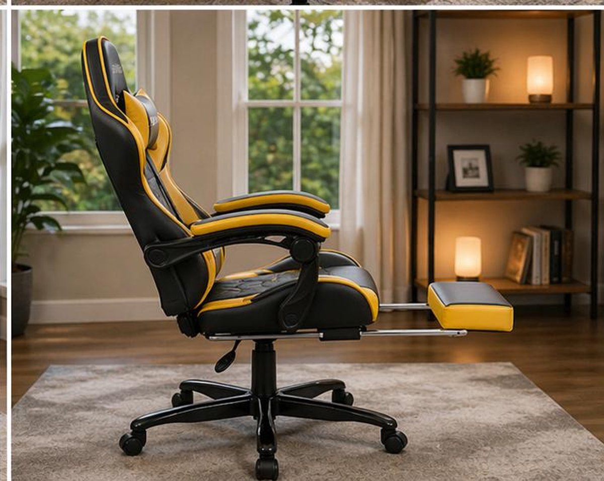 Gaming Stoel Ergonomisch met Voetensteun en Verstelbare Rugleuning 90–135° 52x62x129 cm – Kunstleren Gaming Chair met Lendensteun, Hoofdsteun en 360° Wielen – Blauw – Vermissen